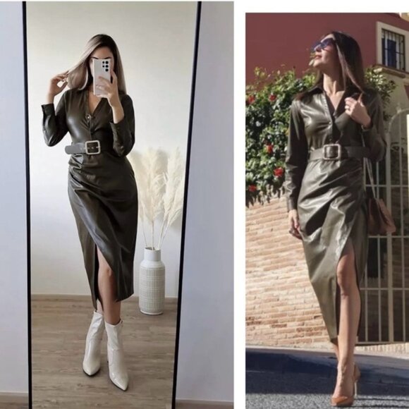 Zara khaki faux leather V-neck belted midi dress lapel collar long sleeve L NWOT - Picture 5 of 16